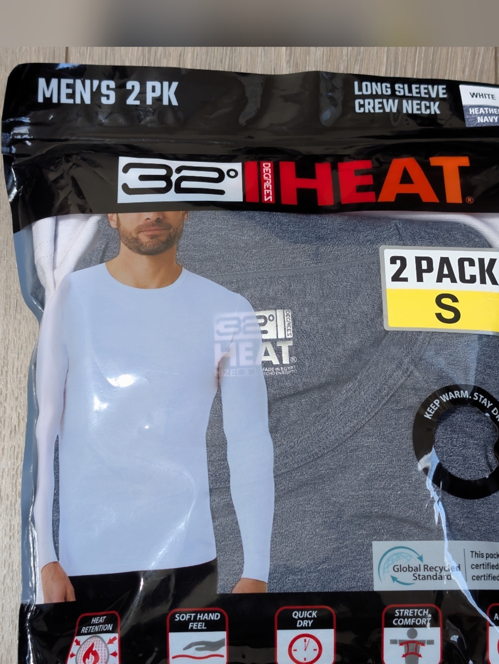 NWT•32° Heat Men's Long Sleeve Crew Neck 2-Pack•White & Heather Navy•Small 34-36